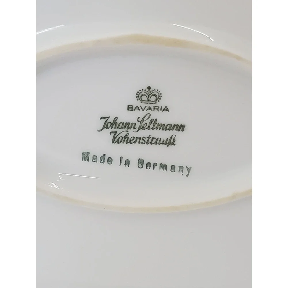 Johann Seltmann Vohenstrauss Bavaria Gravy Boat Attached Plate Blue Gold Trim